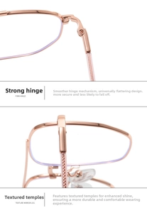 Detailed macro view of durable metal hinges and textured temples on rose gold eyewear frames