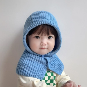 Toddler knitted hood scarf with earflaps in blue yarn, warm winter baby hat set