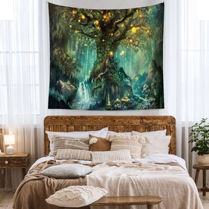 Bohemian forest tapestry with glowing tree and waterfall for bedroom wall decoration