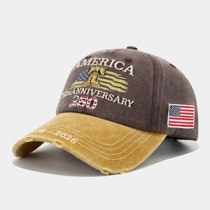 Detailed close-up of America 250th Anniversary embroidery on a vintage washed baseball cap