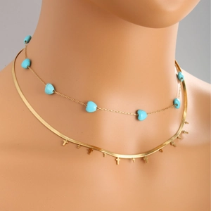 Double-layer 14K gold plated stainless steel necklace with blue heart bead and tiny crosses