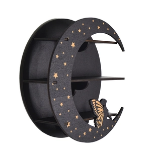 Detail of moon-shaped wooden shelf with gold stars and butterfly patterns