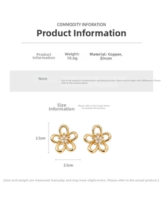 Macro shot of gold five-petal flower earrings with inlaid zircon, 2.5cm diameter design
