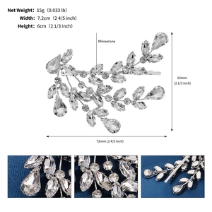 Detail view of silver rhinestone leaf hair clip with dimensions 7.2cm by 6cm for bridal use
