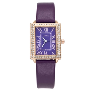 Montre à quartz carrée pour femme avec bracelet en cuir violet et lunette en or rose