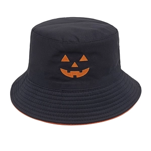 Schwarzer Anglerhut aus Baumwolle mit Halloween-Kürbis-Stickerei und breiter Krempe