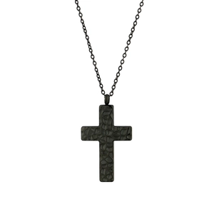 Minimalist black stainless steel cross necklace with a hammered texture finish