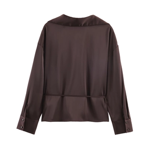 Elegant dark brown satin long sleeve blouse for women with waist tie back detail