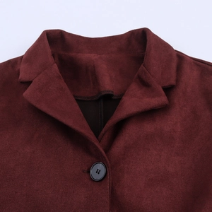 Women's burgundy faux suede short jacket with classic lapel collar and single button detail