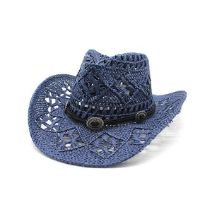 Navy blue hollow out western cowboy straw hat with vintage silver buckle decoration