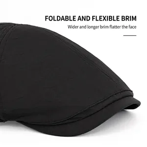 Quick-dry black flat cap featuring foldable widened brim for face contouring and easy storage