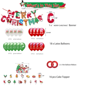 Detailed set list of Christmas party decorations with banners, balloons, and cake toppers