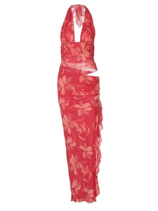 Robe longue fleurie rouge sexy avec licou, décolleté en V, taille ajourée et volants