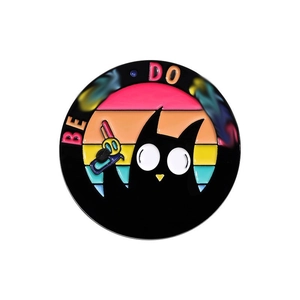 Cartoon black cat with gun enamel pin on retro sunset background for clothing