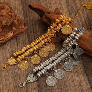 Bohemian meerlaagse metalen kralenarmbanden met muntkwastjes in goud en zilver