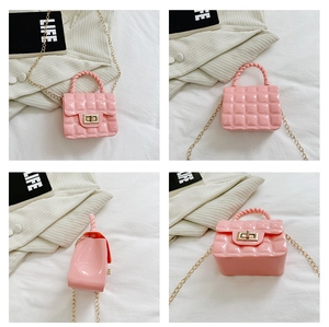 Pink quilted PVC jelly bag with gold chain and top handle shown from multiple angles