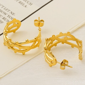 Double-layer wide stainless steel hoop earrings with gold mesh star and moon texture