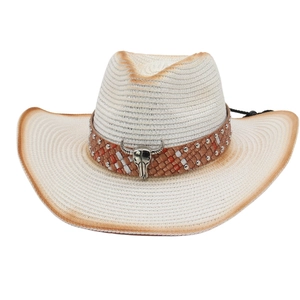 Bohemian western straw cowboy hat with bull head ornament and silver studs trim