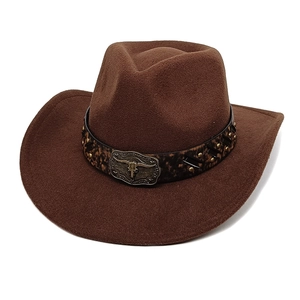 Chapeau De Cowboy Western Vintage Feutre Bord Large Bande Imprimé Léopard Avec Boucle En Métal Tête De Taureau Rétro Jazz