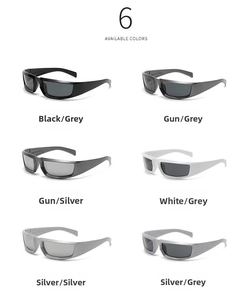 Selection of wrap-around Y2K sunglasses in six metallic frames and mirrored lens finishes