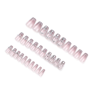 French cat-eye press-on nails with pink purple gradient and silver glitter rhinestones