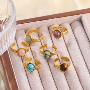 Vintage Natural Stone Open Ring Women Waterproof 18K Gold Plated Stainless Steel Adjustable Oval Gemstone Boho Jewelry
