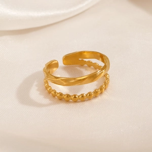 Double-layered 18K gold plated stainless steel adjustable ring with textured wave bands