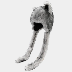 Faux fur wolf ear hat with long braided earflaps for outdoor winter warmth