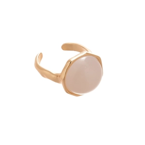 Golden geometric resin ring with pink cabochon stone and adjustable wavy metal band