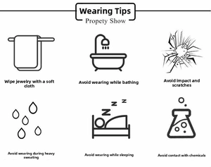 Care guide for pearl earrings showing cleaning, storage, and maintenance icons
