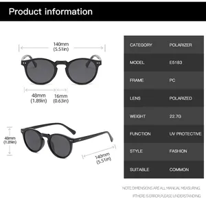 Detailed size chart for retro round polarized sunglasses with precise frame measurements