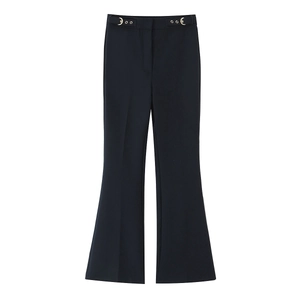 Women's black high-waisted flared trousers with elegant metal buckle and eyelet details