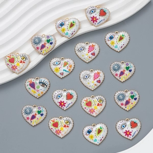 Creative colorful enamel heart charms set with evil eye patterns for DIY jewelry making