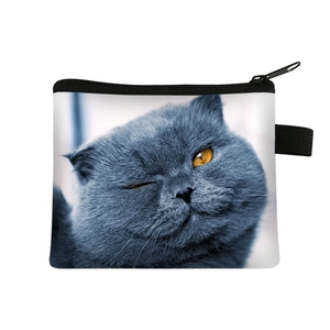 Mini cat coin purse with grey British Shorthair pattern and secure zipper closure