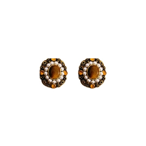 Vintage gold stud earrings with tiger eye stone surrounded by pearls and crystals