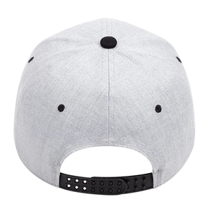 Detail of grey baseball cap back showing black snapback closure and ventilation eyelets