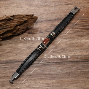 Detail of vintage braided leather bracelet for men showing size measurements and bead