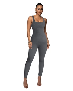 Detailed texture of dark grey ribbed knit fabric on a sleeveless square neck jumpsuit
