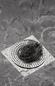 Universal square stainless steel floor drain cover with hair strainer in flowing water
