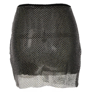 Detailed view of black mesh mini skirt featuring sparkling rhinestone embellishments