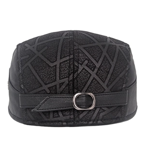 Premium black faux leather flat cap for men featuring geometric patterns and metal buckle