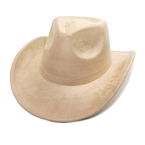 Classic beige faux suede western cowboy hat with wide brim and professional minimalist style