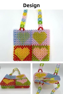 Detail shot of colorful beaded tote bag showing multi-color heart weave and craftsmanship