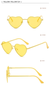 Detailed views of yellow heart-shaped sunglasses with metal frames and spring hinges