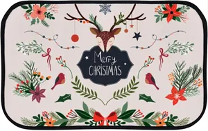 Detail of Christmas doormat showing reindeer pattern and Merry Christmas text