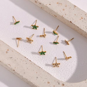 Mini gold-plated stainless steel flower and butterfly stud earrings set with zircons