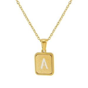 Polished gold stainless steel necklace with frosted square pendant featuring letter A