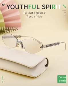 Detail of rimless sunglasses with rhinestone bridge and silver cutout temples on a white case