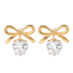 Elegant 18k gold plated bow earrings with sparkling heart-shaped zircon stones