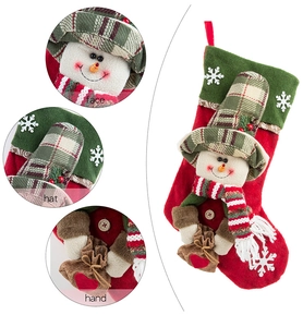 Detail shots of snowman character with knit hat and plaid scarf on Christmas stocking